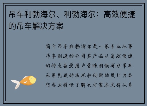 吊车利勃海尔、利勃海尔：高效便捷的吊车解决方案