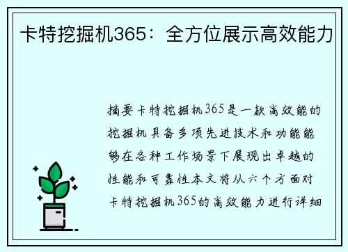 卡特挖掘机365：全方位展示高效能力