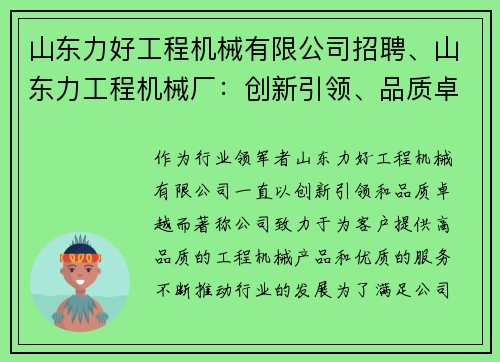 山东力好工程机械有限公司招聘、山东力工程机械厂：创新引领、品质卓越的行业领军者